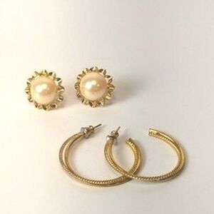 Vintage Earring Set Gold Faux Pearl Studs Textured Hoops Classic Preppy Boho